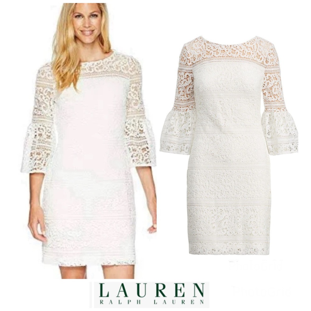 LAUREN RALPH LAUREN White Lace 3/4 Bell Sleeves Classic Boho Mini Dress Sz 16P